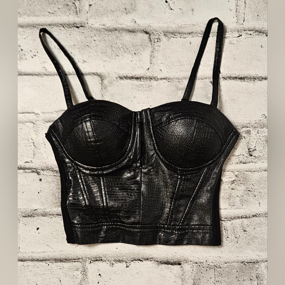 Black Faux Leather Corset Crop Top Bustier Club Night Out XS